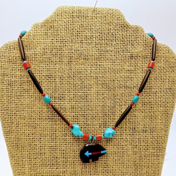 ZUNI BEAR &TURQUOISE*NECKLACE/CHOKER*MEN/UNISEX*TRIBAL/NATIVE*HAND CRAFTED - Picture 1 of 5